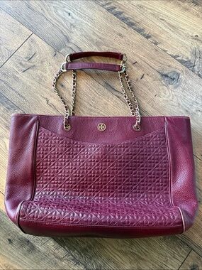 Tory Burch Quilted Leather Tote in Burgundy with Gold Chain Straps